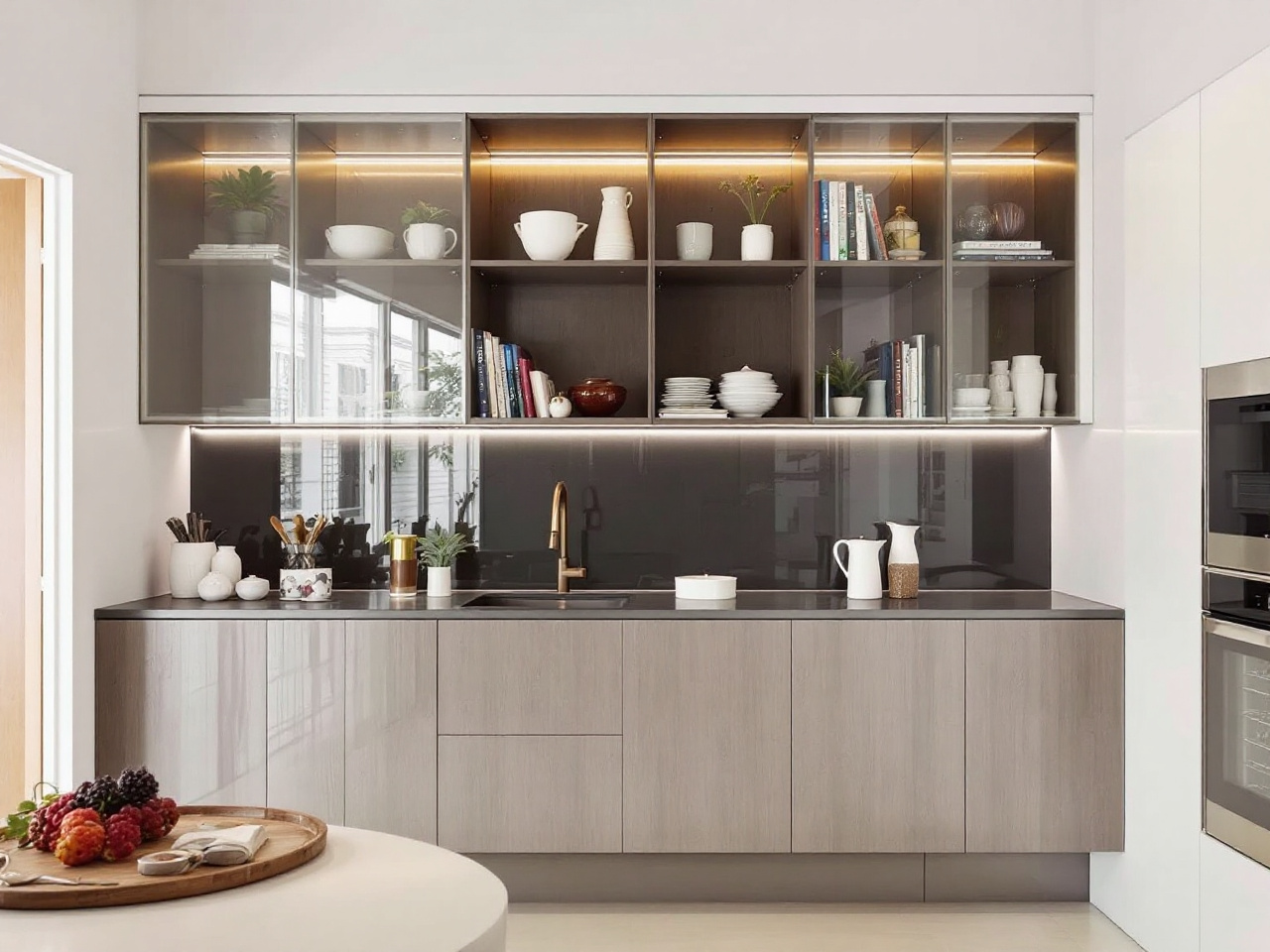 Open spaces with shelves and glass