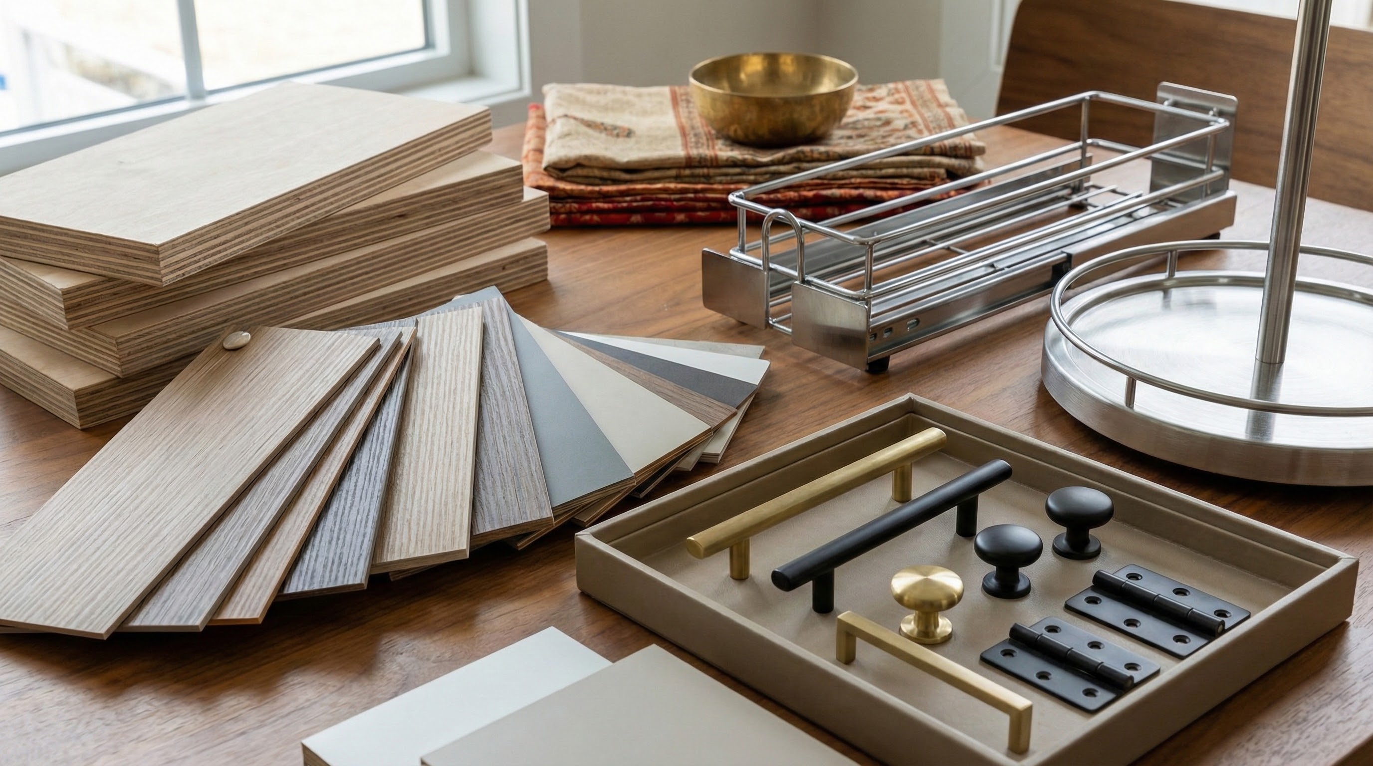 Interior design material selection including plywood, laminates, and hardware used in Kolkata home interiors