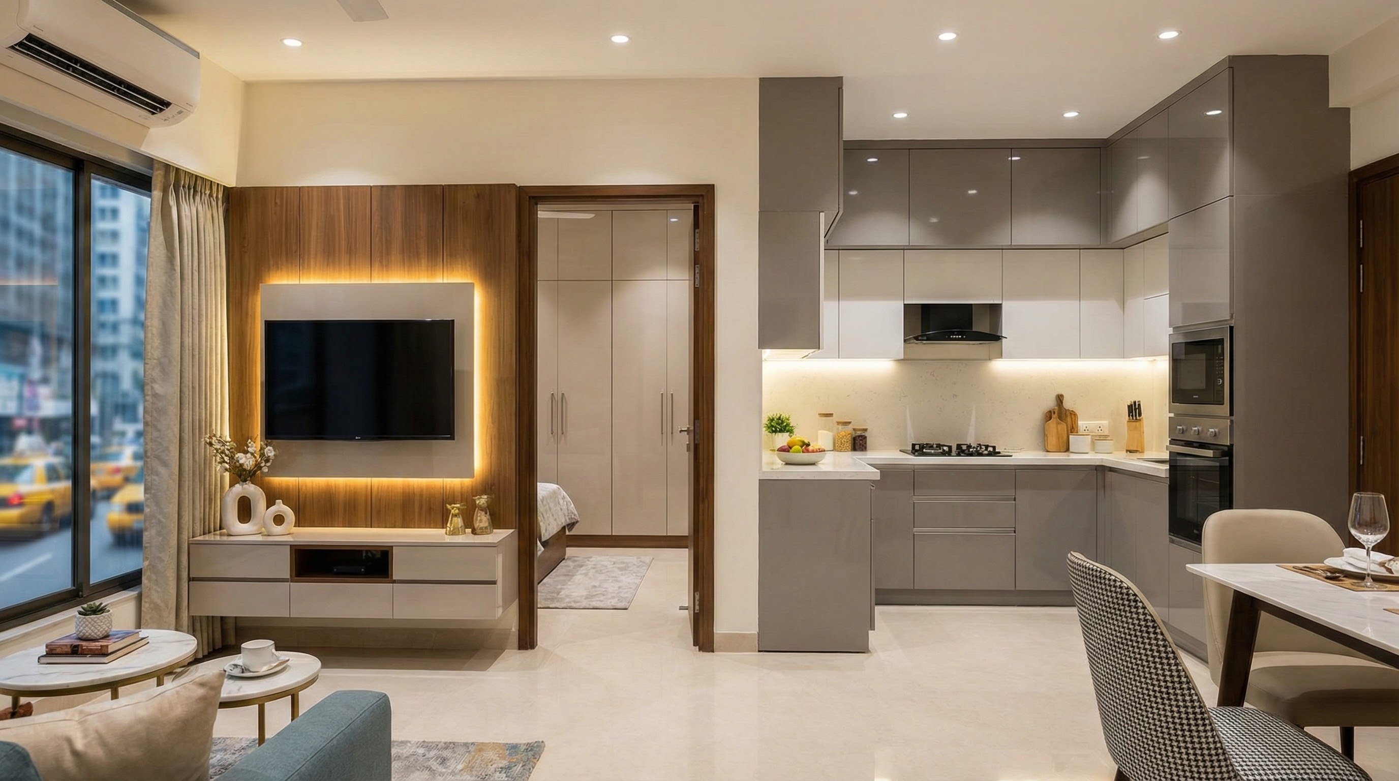 Completed turnkey home interior project in Kolkata featuring modular kitchen, wardrobes, and modern design elements