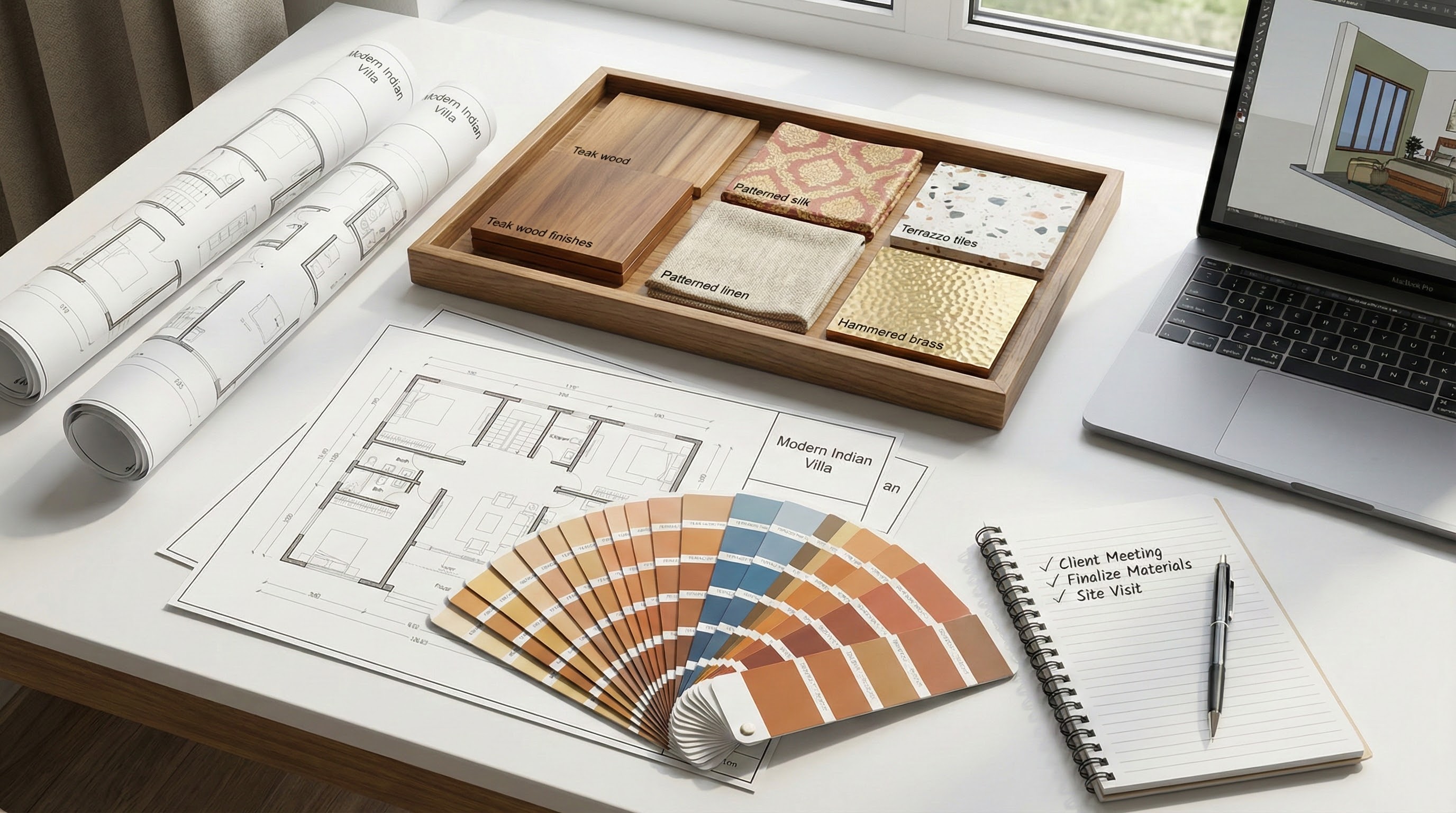 Interior design planning checklist with floor plans, material samples, and color palette for home interiors in Kolkata